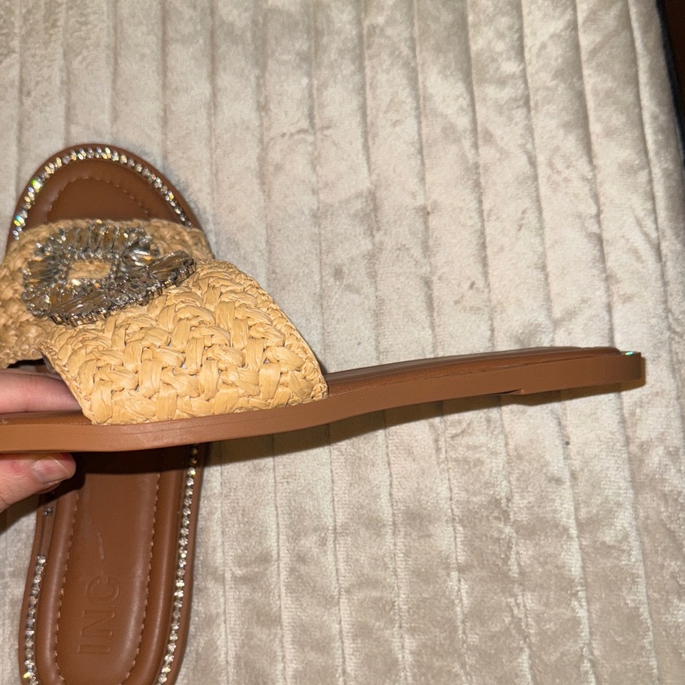 INC International Concepts Tan Woven Slide Sandals with Rhinestones - Picture 13 of 16